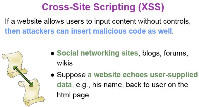 P2_L12 Web Security Page 4 Now let's look at several attacks on the web. The first is the cross-site scripting attack. Many websites allow user to input data and then simply display or echo data back.