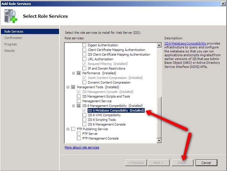 5. In the Add Role Services dialog box, scroll to the bottom and check IIS 6.