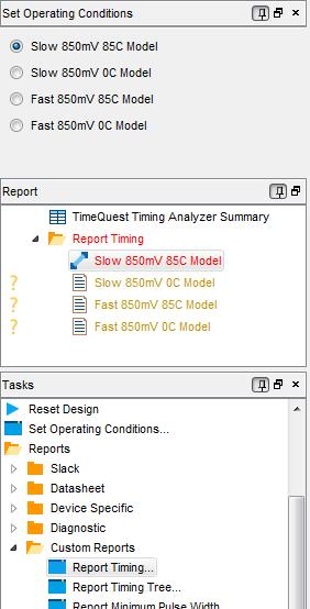 8. The Intel Quartus Prime Timing Analyzer Select a voltage/temperature combination and double-click Report Timing under Custom Reports in the Tasks pane.