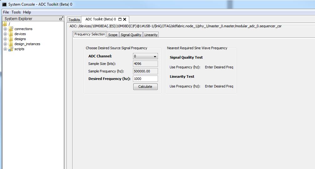 Use the Frequency Selection panel to calculate the required sine wave frequency for proper signal quality testing.