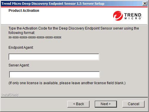 Deep Discovery Endpoint Sensor 1.5 Installation Guide 4. Type the full or trial Activation Code for Deep Discovery Endpoint Sensor.