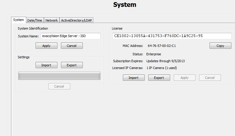 11. Add the exacqvision camera license to the camera s server on the System Setup page. When complete, the status is displayed as Licensed. 12.