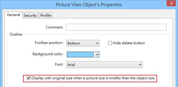 size.] check box in Picture View object settings dialog box.