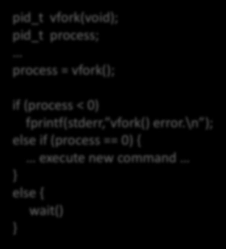 executes the new command pid_t vfork(void); pid_t process; process = vfork(); if (process < 0) fprintf(stderr, vfork() error.