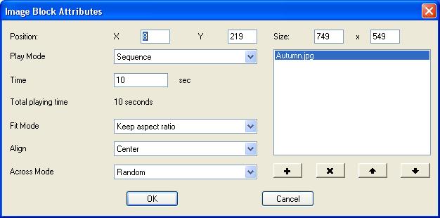 Starting Program Works Volume Set the sound level. Image Block In this dialog box, you can adjust the X and Y position, size, play mode, time, fit mode, alignment, and across mode.
