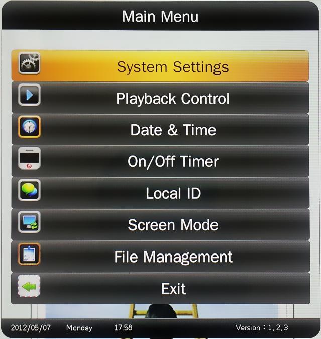 3. System Setting Main menu pictured below.