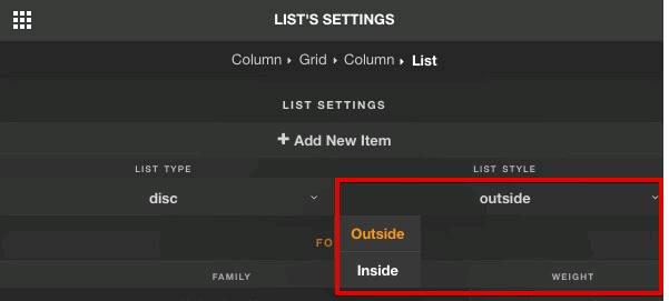 List Style: You can select inside or outside style for list.