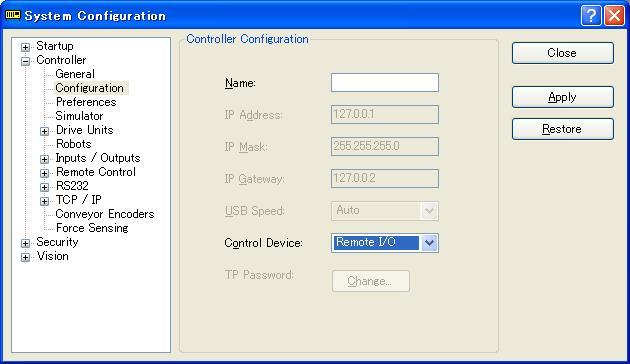 5. Configuration 5. Configuration To enable this function, you must configure the Controller beforehand. Set each signal described in 4. Remote I/O to be Used in EPSON RC+ 7.. 5. Selecting the Control Device This function operates as one of the Remote I/O functions.