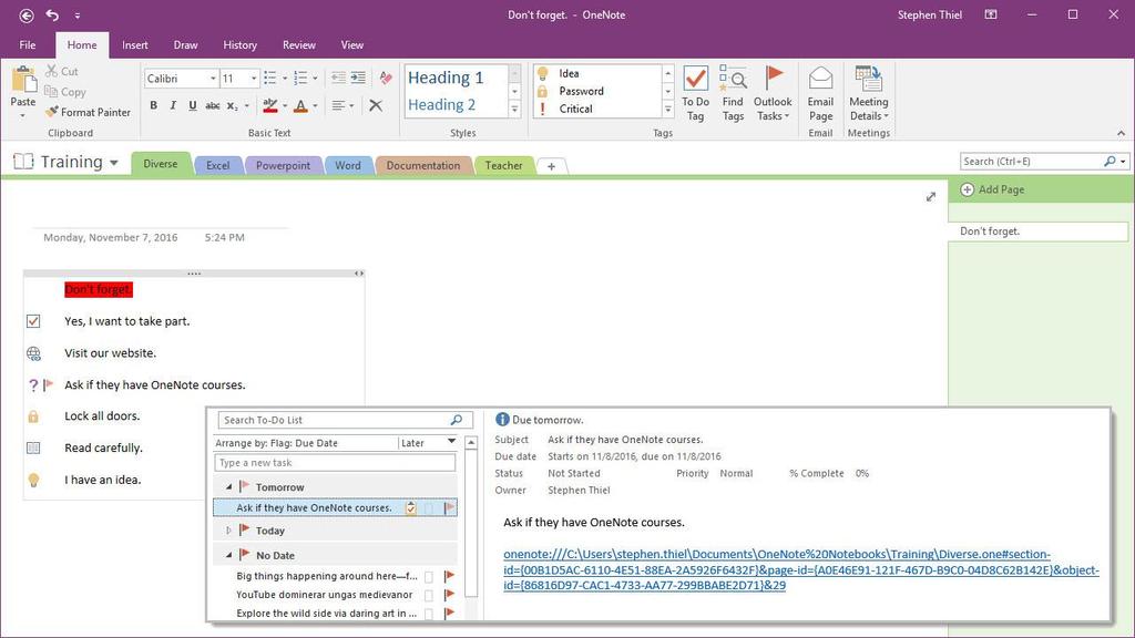 5. Flag with the Ask tag if they have courses in OneNote to Outlook tasks.