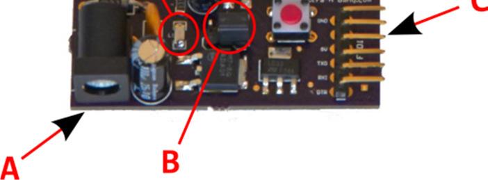 microcontrollers don t have a hardware UART External Crystal header pins for an optional crystal Module Layout and Function 2014 **T-Board 328 only A. Power Connector: A standard 2.