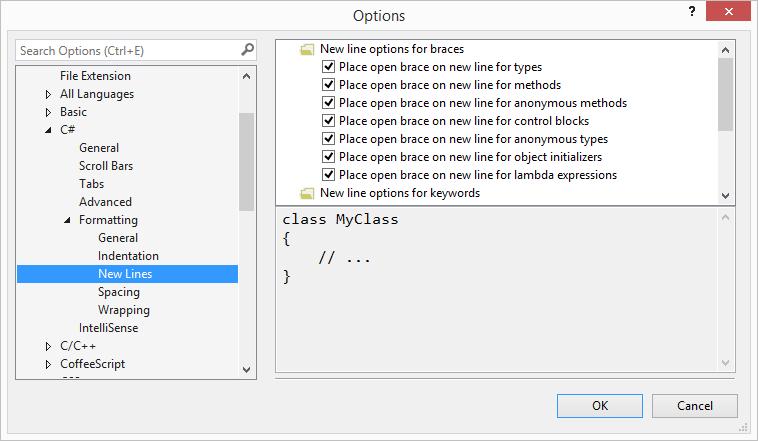 Figure 4 Click on Tools Options C# Formatting New Line and choose all of the options. Don't forget to scroll down the options page.