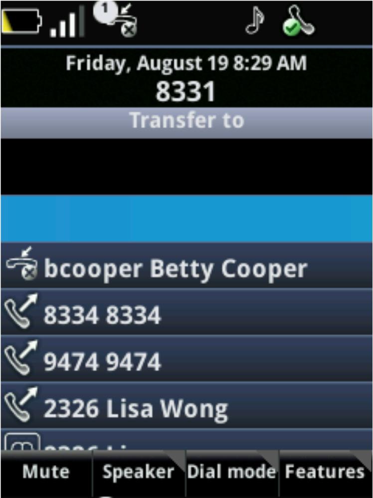 To perform a consultative transfer: 1. During a call, press the Features soft key and select Transfer. The active call is placed on hold and the Transfer to field, shown next, displays.