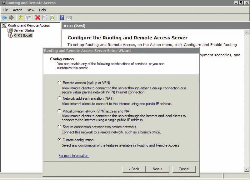 Routing Software in Windows Server 2008 191 FIGURE 9.10 Selecting Custom Configuration to create a router FIGURE 9.