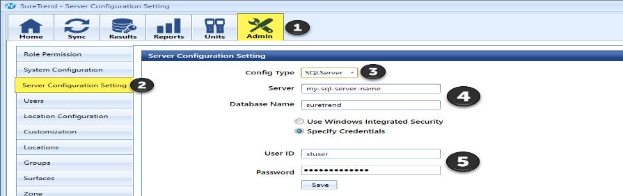 Step 1 Step 2 Step 3 Step 4 Step 5 Start SureTrend and click on the Admin tab at the top of the window. Click on Server Configuration Setting on the left-hand side of the window.