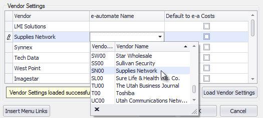 c. If you want the vendor to use the default e-automate costs, check the box in the Default to e-a Costs column. 5.