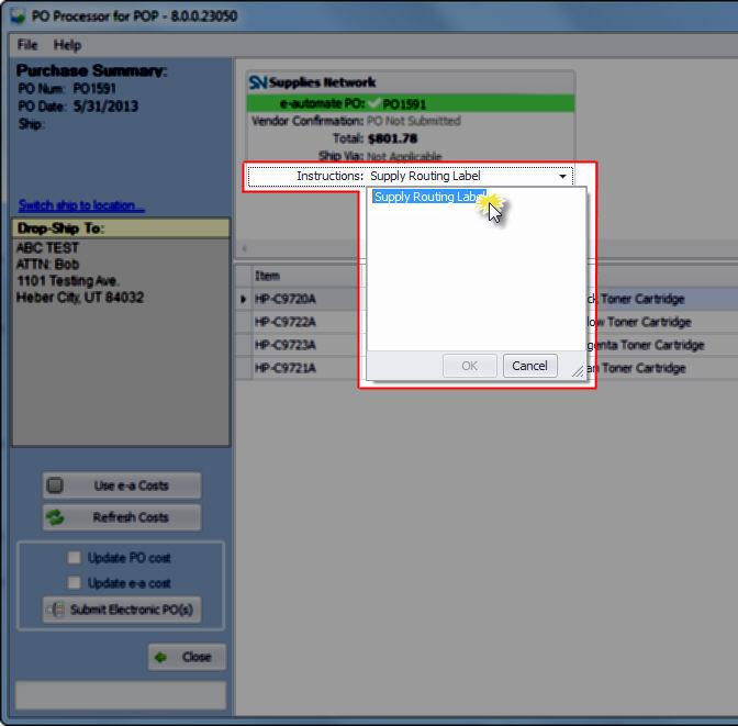 Selecting the Supply Routing Label option places the location information, that is pulled from equipment record, in the Remarks