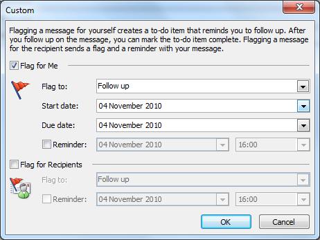 Flag an outgoing message Compose the new message Click on the Flag Button in the Tag group on the Message Tab If you wish to remind yourself about this message click on the appropriate flag.