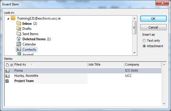 Contact Open a new Message Click Attach Item From the menu select Outlook Item In the Look in pane Select Contacts In
