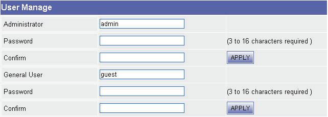 Setting up users and administrators The user submenu enables you to set up users and administrators for the camera. Enter a new username and passwords in the required fields to create new user names.