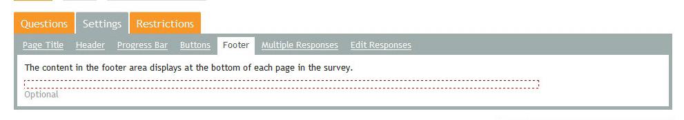 Footer (default: no footer) set text and/or an image to appear at the bottom of each page of the survey; click into the editable area, indicated by the red