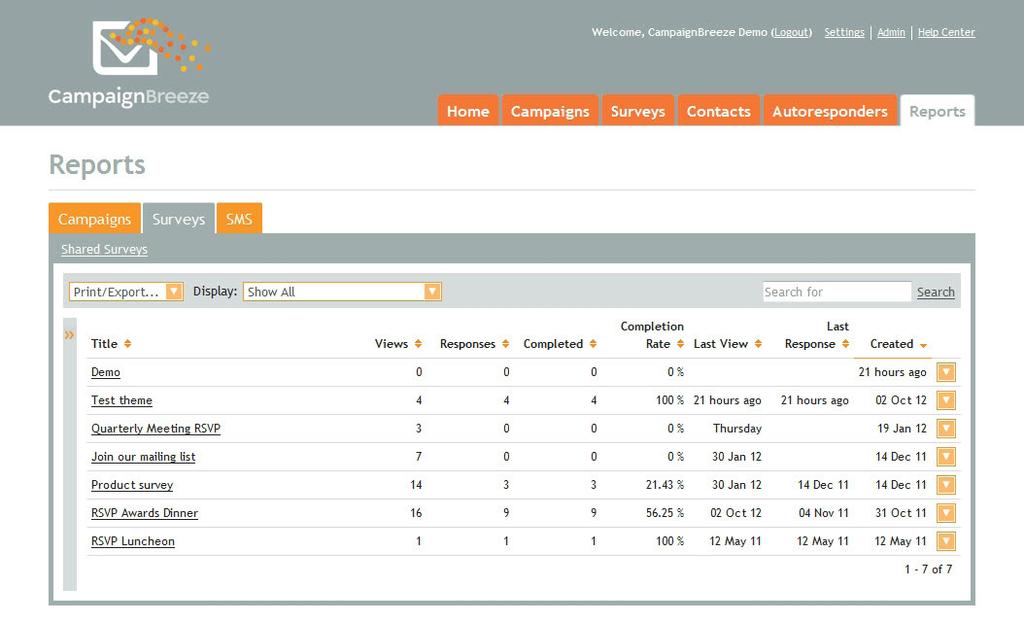 Survey Responses To view responses to a survey, click Reports in the main navigation menu. Then click the Surveys tab.