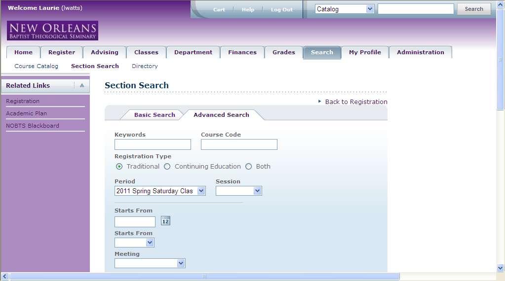 9. Type in the Search criteria you would like to use to filter the courses available.