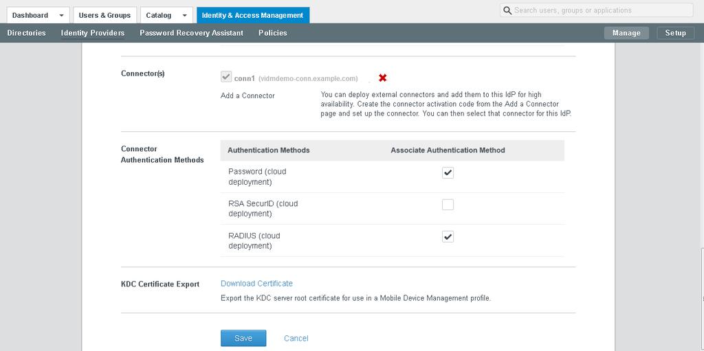 Procedure 1 In the administration console Identity & Access Management tab, click Manage. 2 Click the Identity Providers tab. 3 Click the Built-in link. 4 Enter the following information.