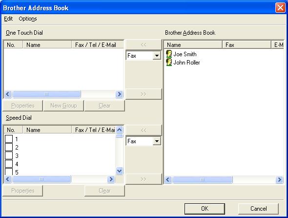 The right side displays a list of Brother Address Book members. You can add One- Touch / Speed-Dial numbers from the machine to this list or send members from the Address Book list to the machine.