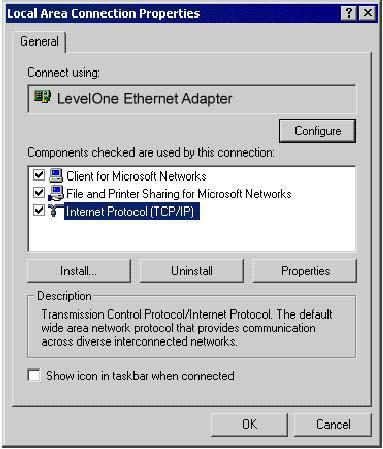 Wireless ADSL VPN Router User Guide Checking TCP/IP Settings - Windows 2000: 1. Select Control Panel - Network and Dial-up Connection. 2. Right - click the Local Area Connection icon and select Properties.
