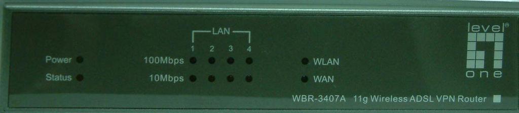 Wireless ADSL VPN Router User Guide Physical Details Front-mounted LEDs Figure 2: Front Panel Power LED (Green) Status LED (Yellow) LAN WLAN LED WAN Internet On - Power on. Off - No power.