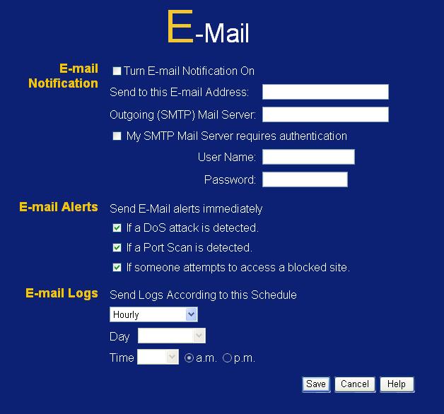 Advanced Features E-mail This screen allows you to E-mail Logs and Alerts. A sample screen is shown below.