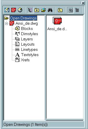 The first time you open AutoCAD DesignCenter, it is displayed in the default position, docked at the left of the drawing area.