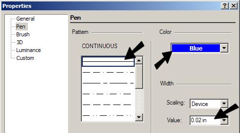 Version 15 In the Properties window, open the Pen page. Set the line type to Continuous, and change the color and weight.