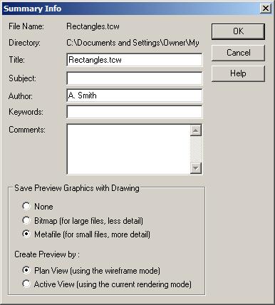 You can use this window to save extra information about the file, such as author, subject, and how you want preview graphics to be created and appear. Fill in any information you want, and click OK.