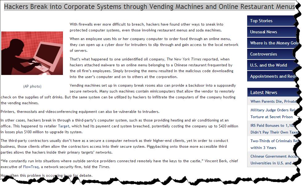 HACKERS BREAK INTO CORPORATE SYSTEMS THROUGH VENDING MACHINES AND ONLINE RESTAURANT MENUS http://www.allgov.