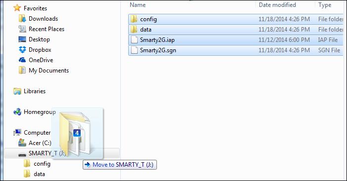 3.) Drag and copy the contents of this folder into the Smarty Touch SD card. a. Highlight the new content that is included in the latest SD card image that you just downloaded. b.