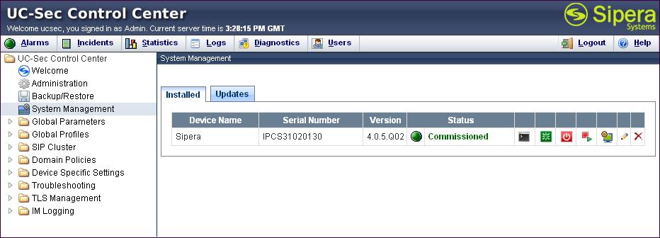 To view system information that was configured during installation, navigate to UC-Sec Control Center System Management.