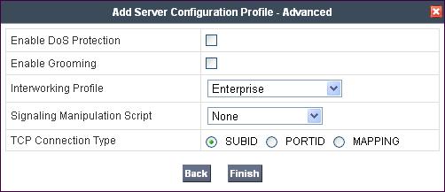 In the new window that appears, select the Interworking Profile created for the enterprise in Section 7.1.3.1. Use default values for all remaining fields. Click Finish to save the configuration. 7.1.5.