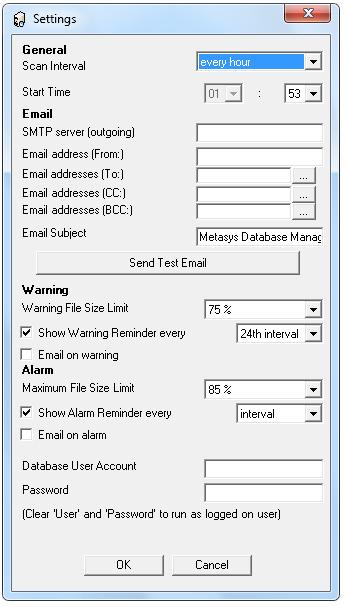 Note: If you have administrator privileges, the Metasys Database Manager Monitoring Settings window appears each time you restart your computer (unless you have already configured it for monitoring).