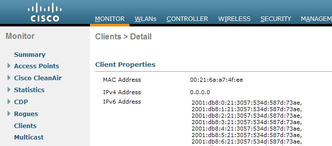 Cisco Supports Many IPv6 Addresses Per Client Up to 8 IPv6 Addresses are Tracked per Client.