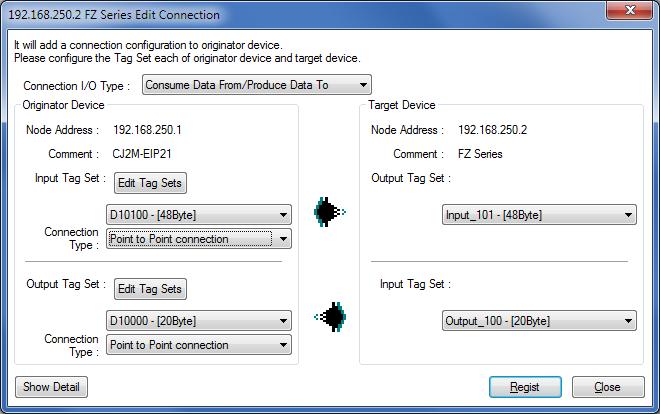 Settings of connection allocation Connection allocation Set value Connection I/O Type Consume Data From / Produce Data To Originator Device Input Tag Set D10100-[48 Byte]