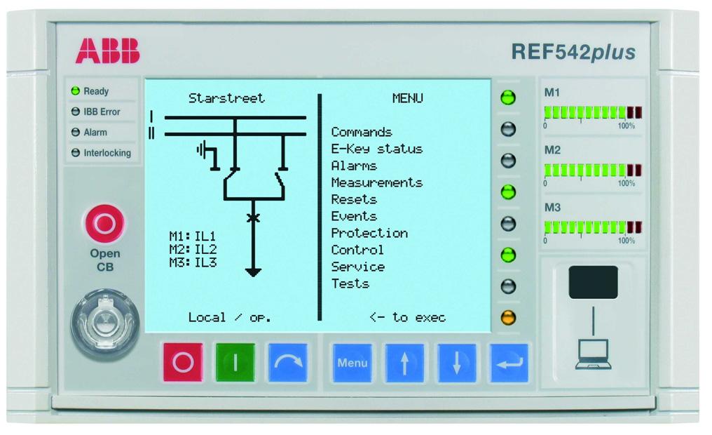 1MRS755869 REF 542plus 3. HMI features The REF 542plus is shown in Fig. 3.-1. This HMI features a back-illuminated LCD, 8 push buttons, several LEDs and an electronic key sensor.