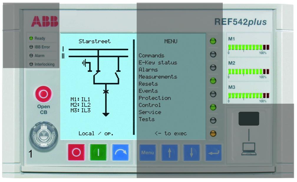 REF 542plus 1MRS755869 Fig. 3.1.-1 1 E-Key sensor HMI control area A051328 This section of the display shows the Single Line Diagram (SLD) of the controlled panel and the measurement bars.