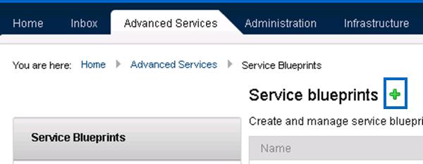 2. Navigate to Advanced Services > Service Blueprints. 3. Click the green plus icon (+) to add a blueprint. 4. Select the vro workflow to use as the blueprint baseline and click Next. 5.