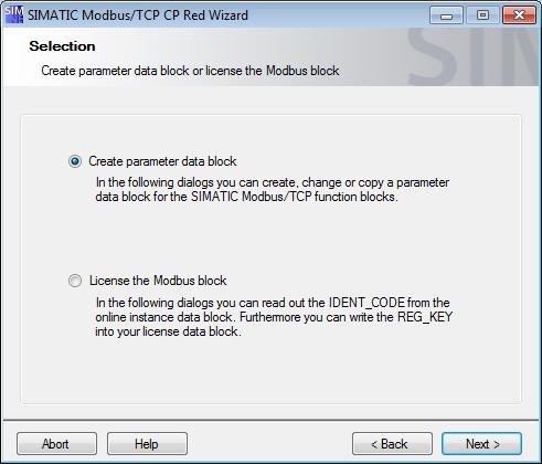 Dialog mask: Selection Figure 5-14 In this dialog you can select if you want to create a parameter data block or to license the function block.