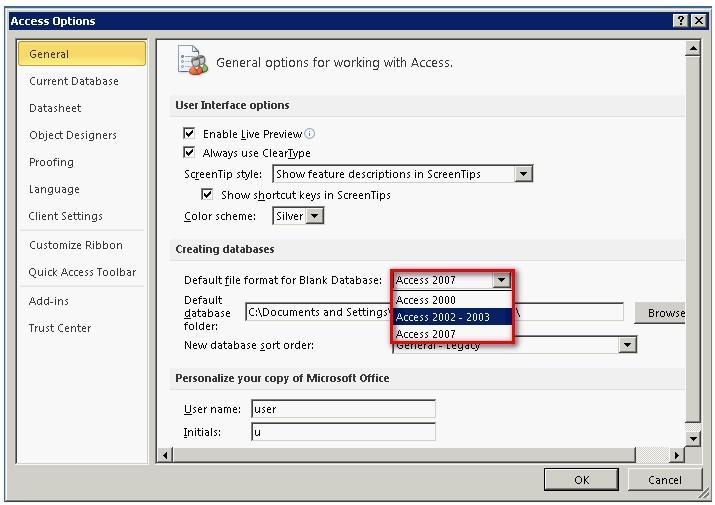 in Microsoft Office Access 2010 save in the Microsoft Access 2003 format. Which of the following options will you choose in the Access Options dialog box to accomplish the task? A. General B.