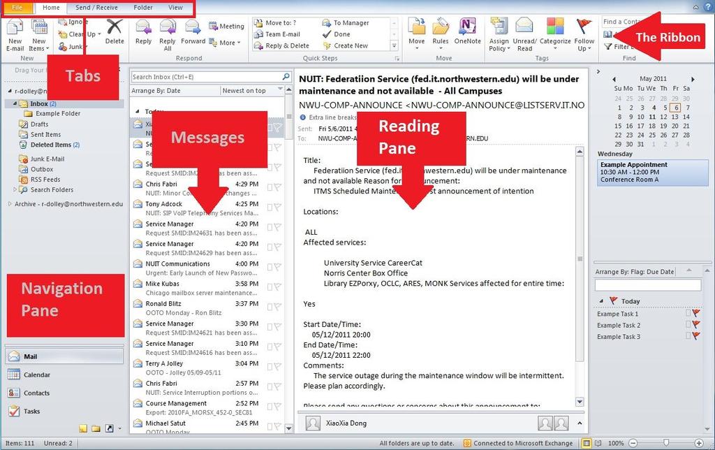 Hamilton Holmes Outlook Training Navigation Pane Mail: Contains mail related folders like inbox and sent items folder.