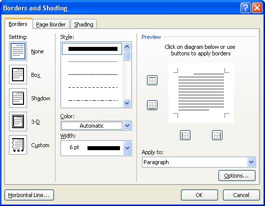 The Borders tab of the Borders and Shading dialog box is illustrated below.