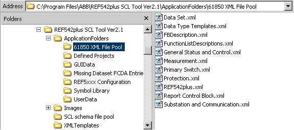 1MRS756342 REF 542plus 5. SCL files and folders Some of the critical folders and files that get installed by the installation wizard are listed and described in the following. 5.1. 61850 XML File Pool The 61850 XML file pool, as the name suggests, is a collection of XML files in the program folder.