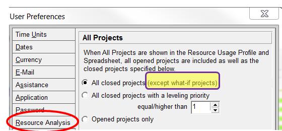 Impact to Resource Summarization In the User Preferences, Resource Analysis tab, there is a radio button that selects summarization of Resources from closed projects except what if projects (see